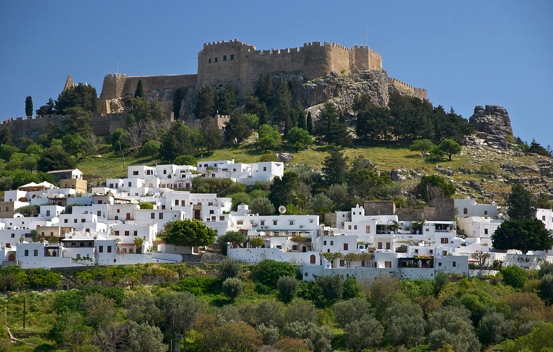 Lindos Acropolis above the Aegean — the view that anchors a Rhodes cruise day